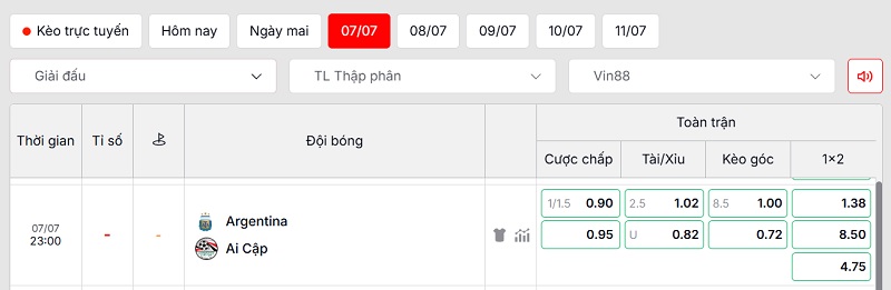 Soi kèo Argentina vs Ai Cập qua tỷ lệ