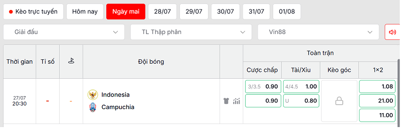 Soi kèo Indonesia vs Cambodia qua tỷ lệ