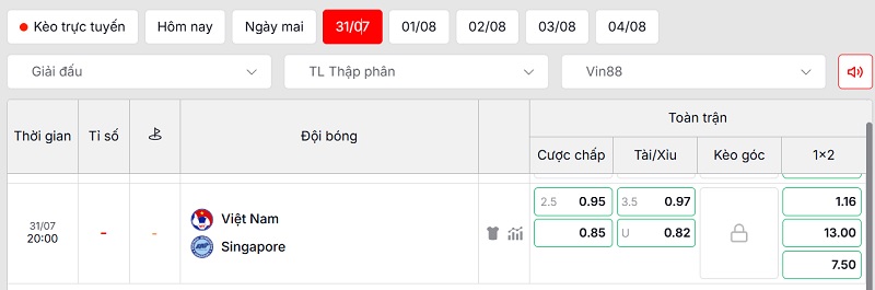 Soi kèo Việt Nam vs Singapore qua tỷ lệ